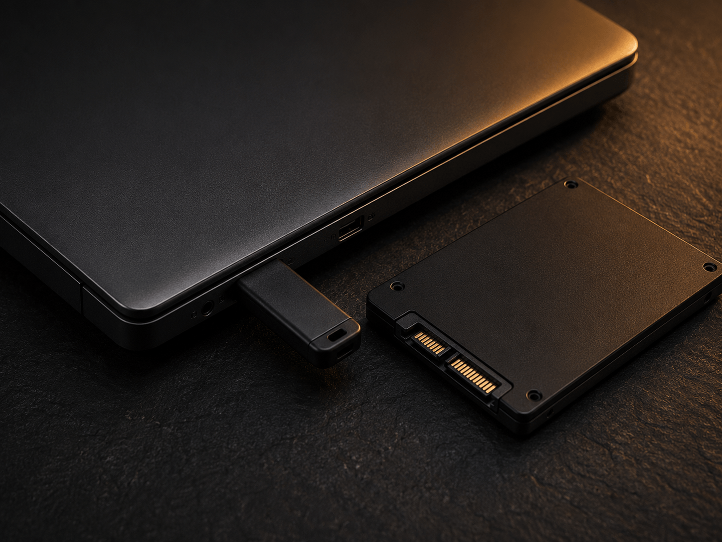 Лаптоп с включена USB памет и SSD диск до него