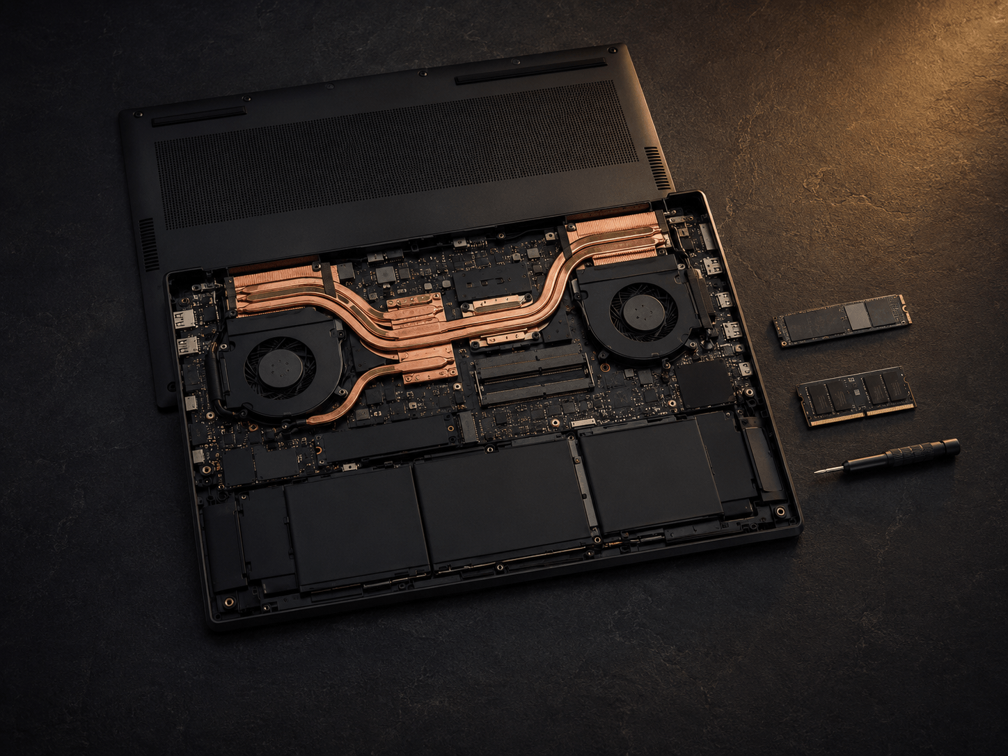 Отворен лаптоп с медни радиатори и вентилатори, до него SSD и RAM модул