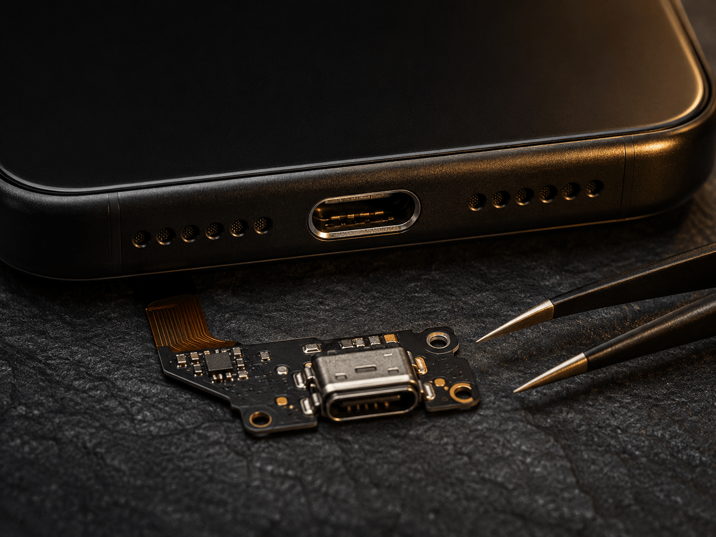 Долен ръб на телефон с USB-C гнездо и резервна платка до него